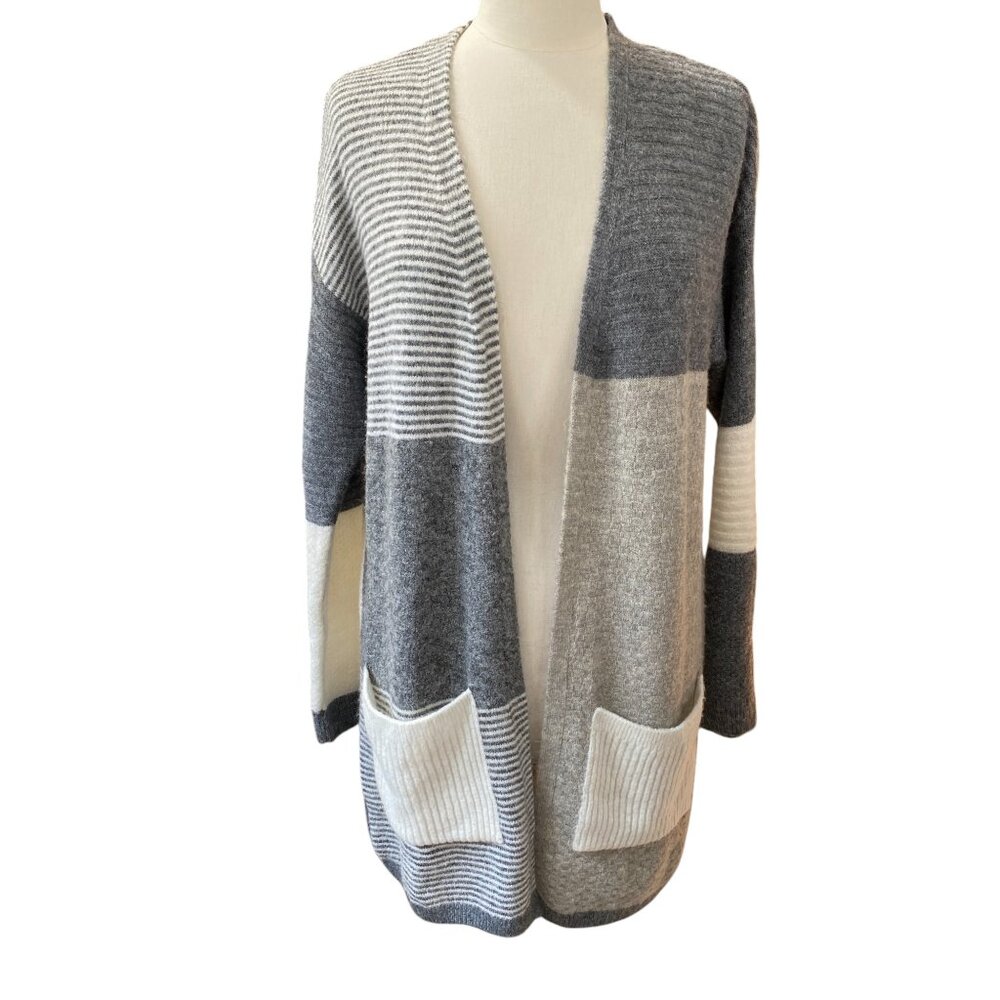 Topshop Patchwork Cottagecore Knit Cardigan Women Sz 4 Gray Open Longline Layer